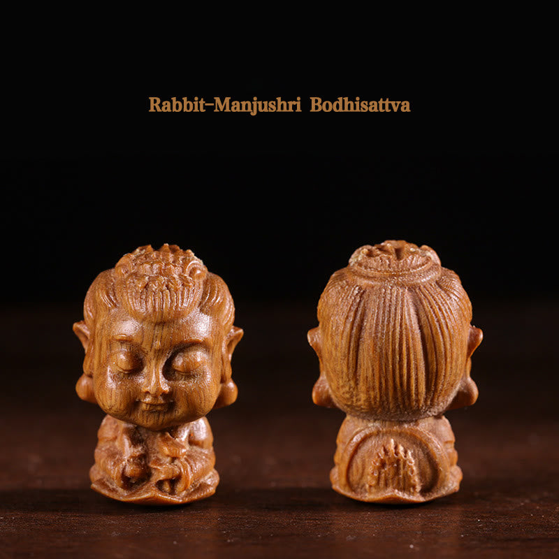 Chinese Zodiac Green Sandalwood Buddha – Rabbit Manjushri Bodhisattva dual angle close-up, Wisdom