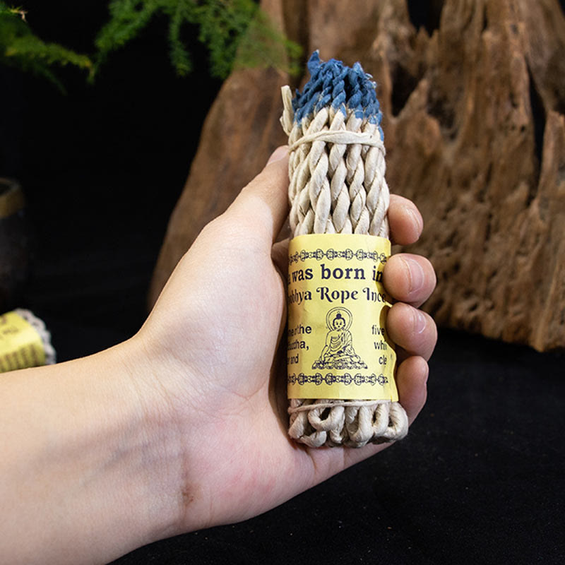 Nepal Rope Incense - handheld blue bundle with fern and wood, mindful