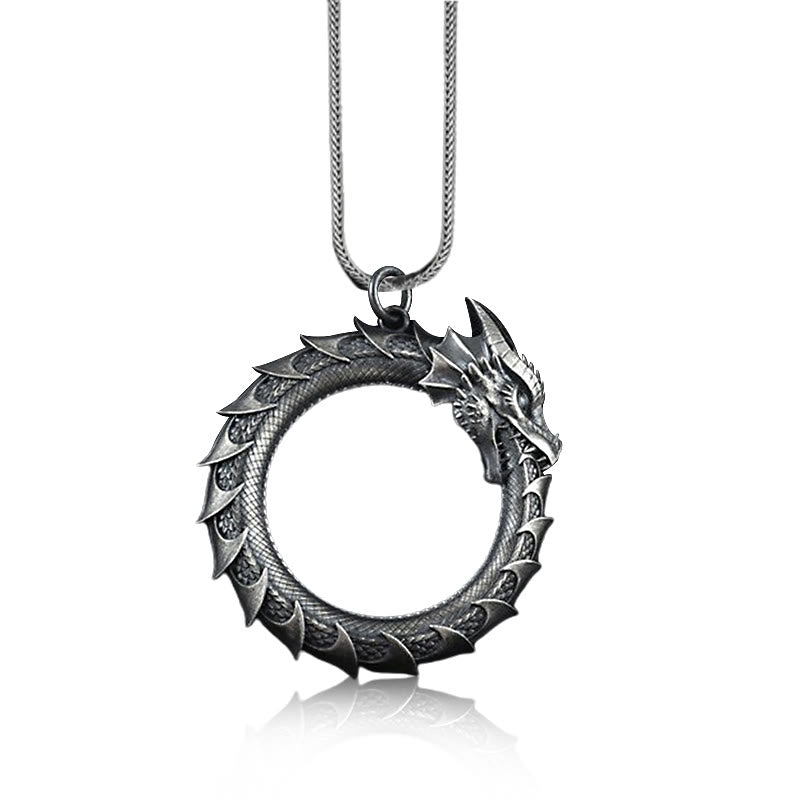 Pure Tin Dragon Snake Necklace - Circular dragon on white with snake chain, protective charm