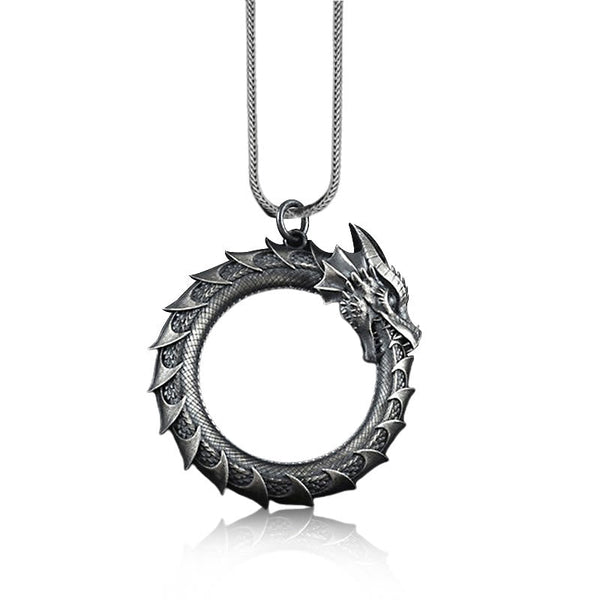 Pure Tin Dragon Snake Necklace - Circular dragon on white with snake chain, protective charm