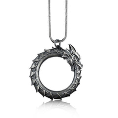 Pure Tin Dragon Snake Necklace - Circular dragon on white with snake chain, protective charm