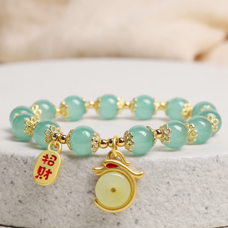 Red Agate Aventurine Dragon Bracelet – Aventurine beads with gold rabbit and wealth charm on stone, Lucky