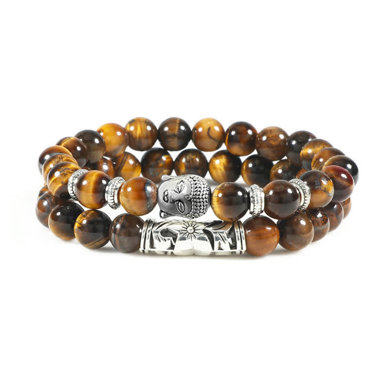 Natural Agate Buddha Protection Bracelet – Front view of golden tiger eye beads with silver Buddha charm, protection jewelry
