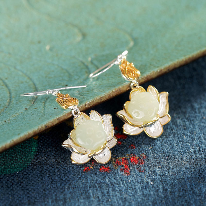 White Jade Lotus Drop Earrings