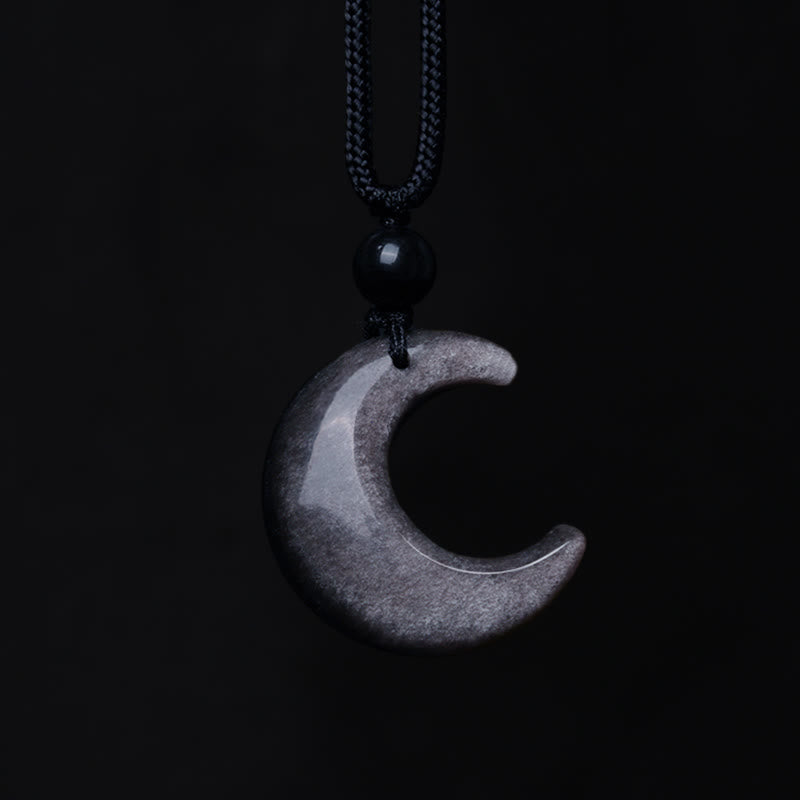 Silver Sheen Obsidian Yin Yang Pendant - Silver sheen obsidian crescent moon on pure black, obsidian necklace