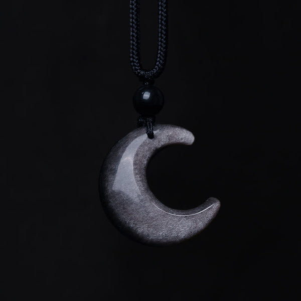 Silver Sheen Obsidian Yin Yang Pendant - Silver sheen obsidian crescent moon on pure black, obsidian necklace