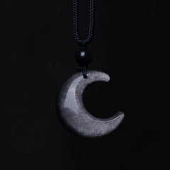 Silver Sheen Obsidian Yin Yang Pendant - Silver sheen obsidian crescent moon on pure black, obsidian necklace