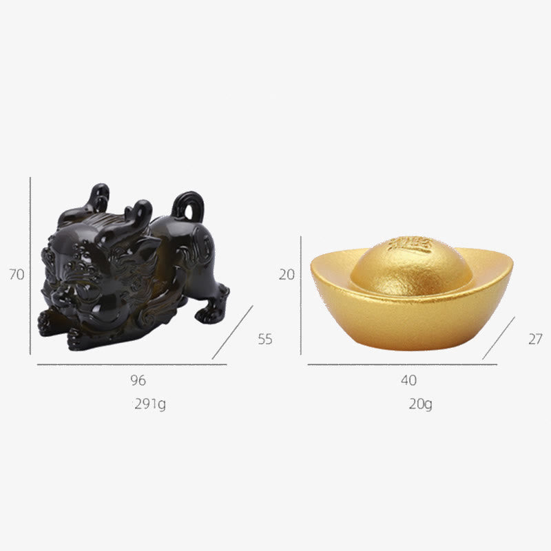 Color Changing PiXiu Tea Pet – Black PiXiu and gold ingot with size dimensions