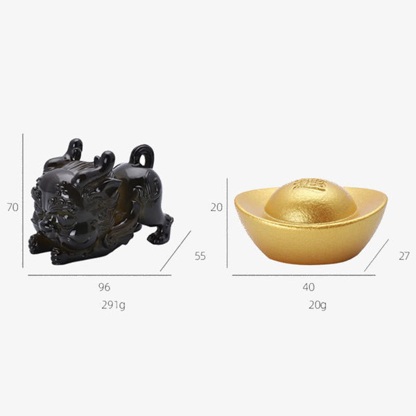 Color Changing PiXiu Tea Pet – Black PiXiu and gold ingot with size dimensions