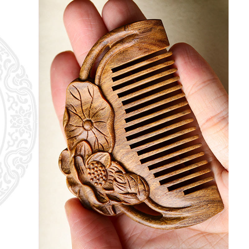 Green Sandalwood Lotus Leaf Engraved Soothing Comb, image 8