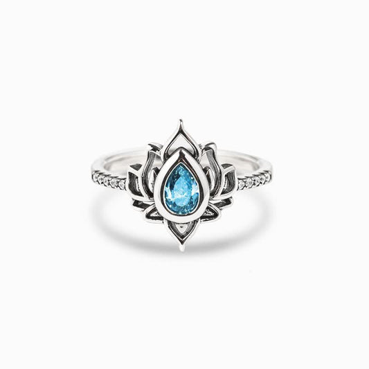 Lotus Zircon Ring – sterling silver lotus with aqua blue pear stone, zircon