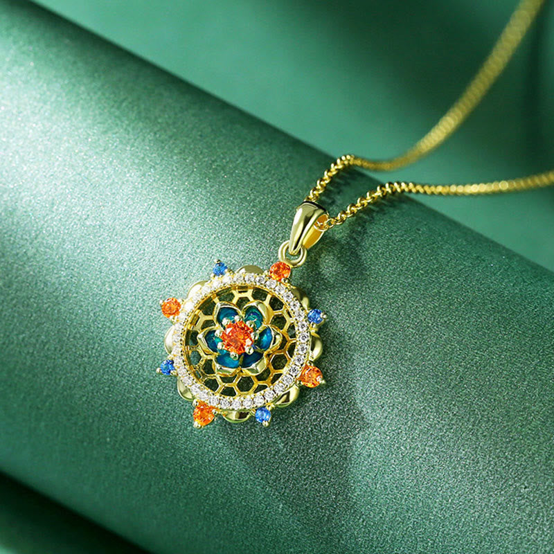Sterling Silver Lotus Zircon Pendant on emerald silk, gold-plated mandala design, bohemian