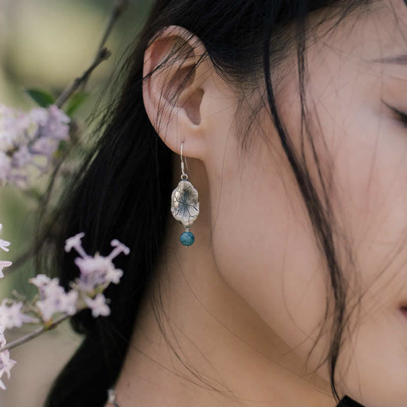 Sterling Silver Turquoise Lotus Leaf Earring - worn with pink blossoms, delicate dangle