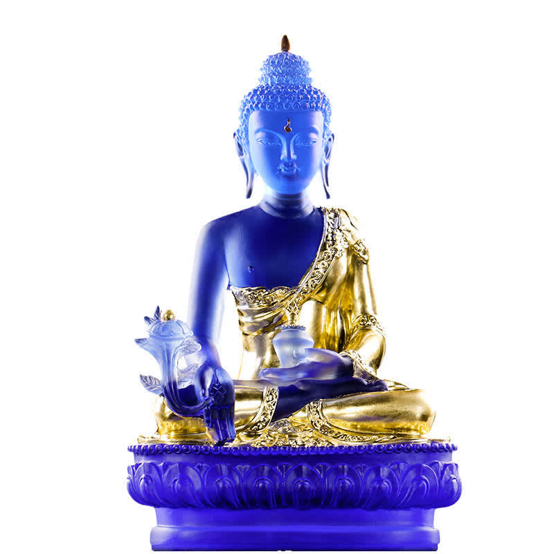 Medicine Buddha Liuli Crystal Statue Handmade Home Office Decoration – wooden base liuli Buddha, zen home office shelf decor