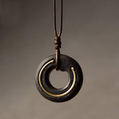 Wooden Pendant Necklace - dark wood circle with brass inlay on brown cord, artisan men's jewelry