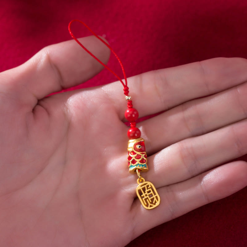 Koi Fish Cinnabar Ruyi Phone Charm – wrapped around wrist showing phone charm length, red koi ruyi cinnabar tassel
