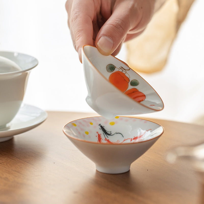 Mandala Koi Teacup – Macro shot of painted persimmon branch with fine brushwork