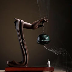 Tibetan Lotus Ceramic Incense Burner – dramatic side angle with smoke rising from suspended censer, Spiritual
