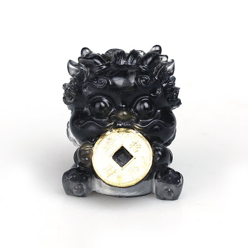 Handmade PiXiu Crystal – Black obsidian crystal front view on white, feng shui statue