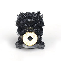 Handmade PiXiu Crystal – Black obsidian crystal front view on white, feng shui statue