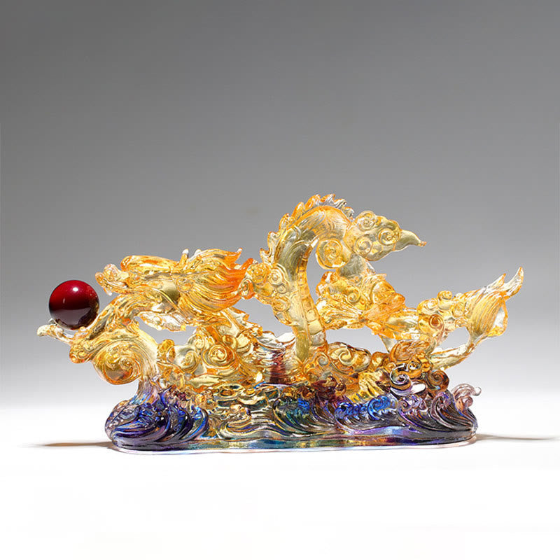 Handmade Dragon Liuli Crystal Art Piece - elevated profile, golden dragon with red pearl, collectible