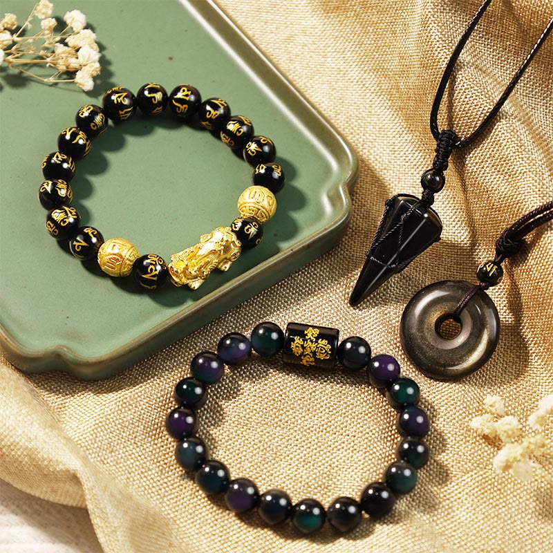 Obsidian Protection Set – bracelets necklaces bundle green tray dried flowers, negative energy protection
