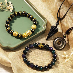 Obsidian Protection Set – bracelets necklaces bundle green tray dried flowers, negative energy protection
