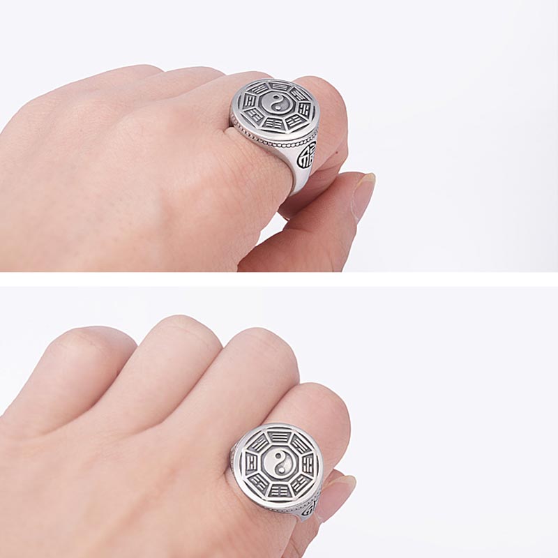 Yin Yang Copper Adjustable Ring – Silver yin-yang bagua ring worn on hand two views, men's jewelry