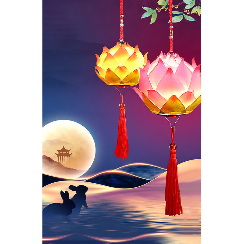 DIY Lotus Dragon Lantern Tassel Lamp – Golden and pink lotus lanterns hanging against moonlit sky with rabbit, Mid-Autumn magic