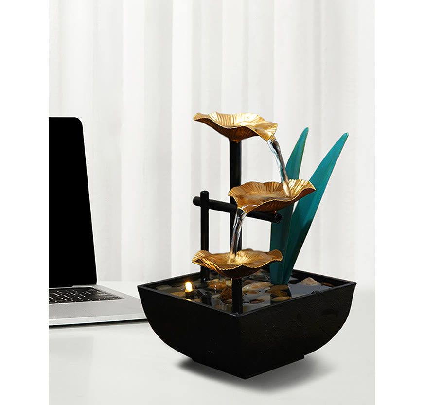 Three Layers Lotus Waterfall Fountain - Gold tiers with white curtain backdrop, Refreshing
