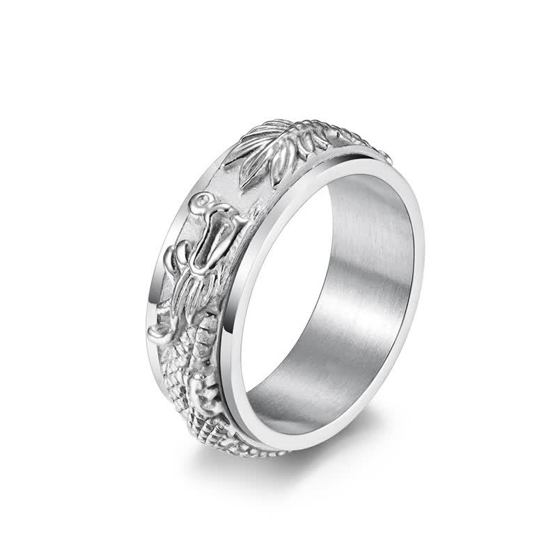 Dragon Titanium Steel Ring – Silver oxidized dragon spinner on white, grounding