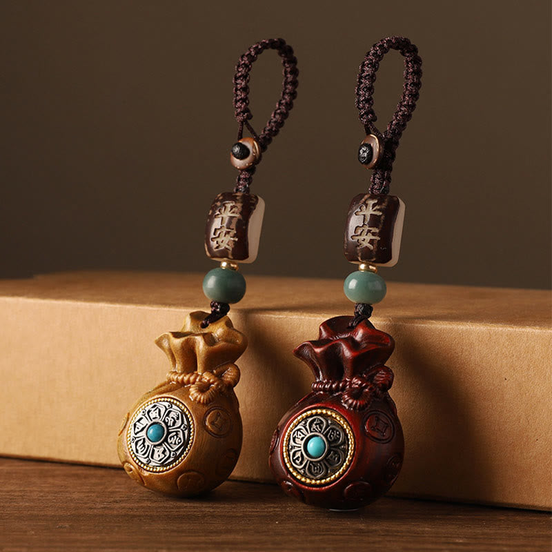 Sandalwood Money Bag Mantra Hanging - Light and dark wood pair, fortune bag duo