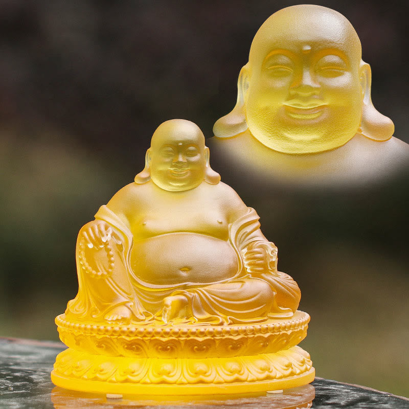 Liuli Crystal Laughing Buddha Figurine – Detailed flowing robe sculpture, meditation room centerpiece