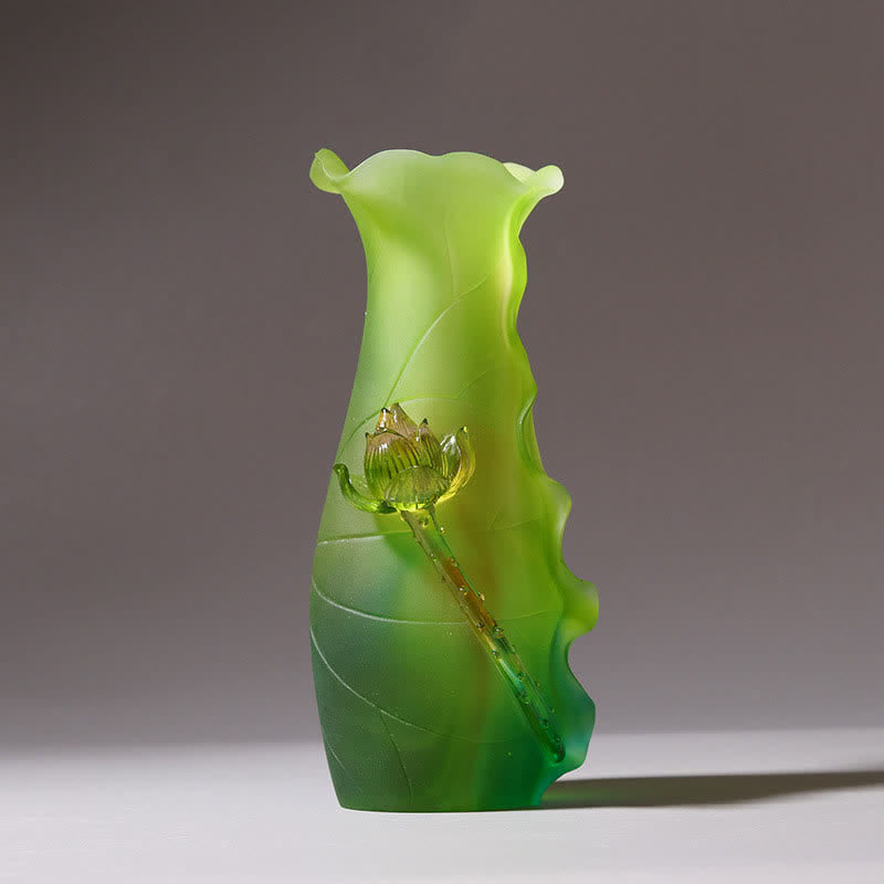 Feng Shui Lotus Liuli Crystal – ombre green lotus leaf vase with ruffled rim, artful decor