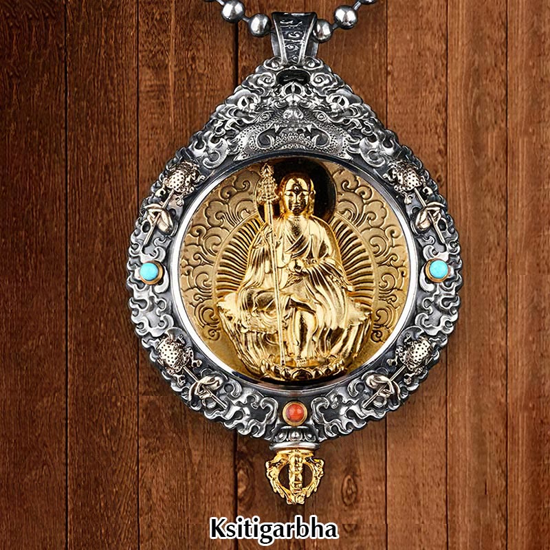 Zodiac Buddha Thangka Wealth Rotatable Pendant – Ksitigarbha front view on wooden backdrop in silver gold frame, vow