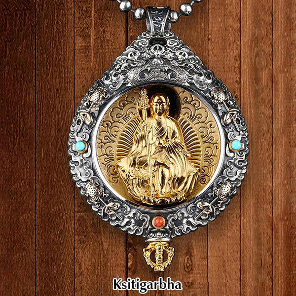 Zodiac Buddha Thangka Wealth Rotatable Pendant – Ksitigarbha front view on wooden backdrop in silver gold frame, vow