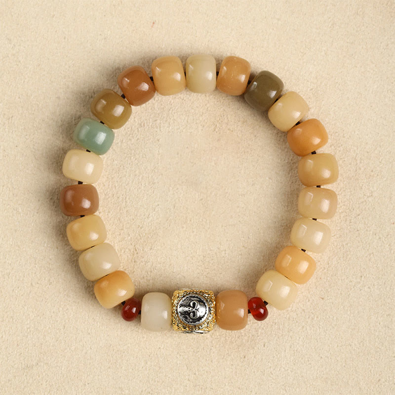 Natural Bodhi Seed Om Mani Padme Hum Wisdom Bracelet - Full circle overhead, Om metal bead