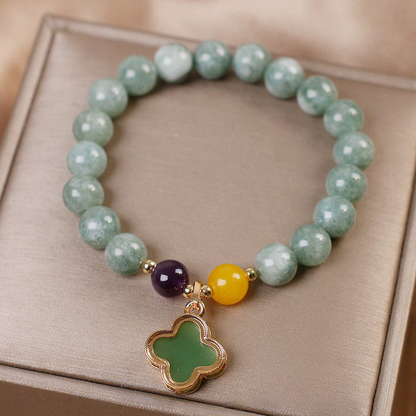 Natural jade bead bracelet with amethyst and yellow jade accent beads, gold quatrefoil clover charm in luxury gift box, women's gemstone jewelry