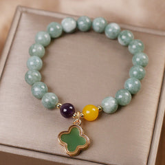 Natural jade bead bracelet with amethyst and yellow jade accent beads, gold quatrefoil clover charm in luxury gift box, women's gemstone jewelry
