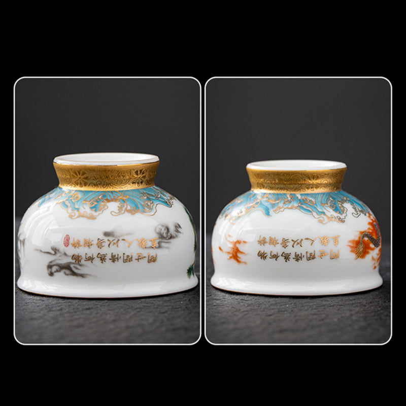 Golden Eagle Dragon Gilt Ceramic Teacup – pair of bell-shaped cups with turquoise band, gold rim, calligraphy, ink wash art