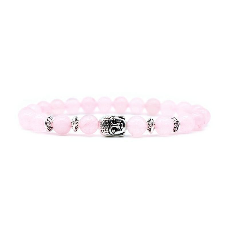 Amethyst Buddha Bracelet – Soft pink rose quartz beads with silver Buddha charm front view, self-love