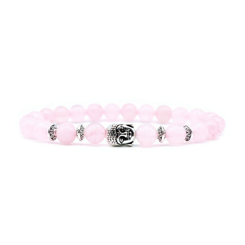 Amethyst Buddha Bracelet – Soft pink rose quartz beads with silver Buddha charm front view, self-love Imagen principal del producto