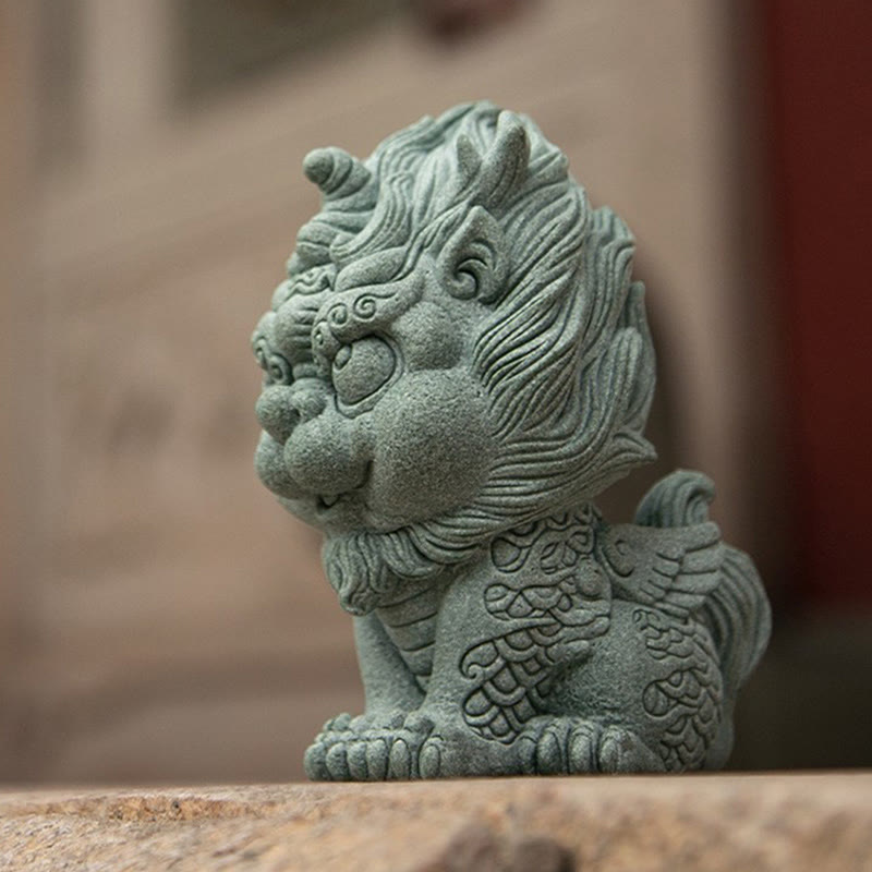 PiXiu Sandstone Statue – Side view on stone surface, soft neutral background, close-up home decor