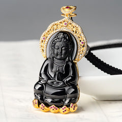Black Jade Kwan Yin Avalokitesvara Necklace – Intricate goddess relief carving, spiritual protection necklace