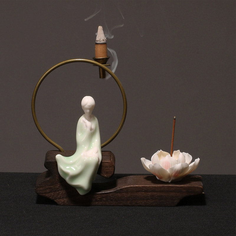 Ceramic Lotus Incense Burner – celadon Guanyin, wide drapery, smoke arc, lotus, compassion