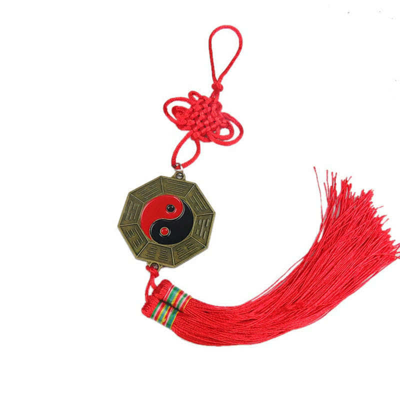 Feng Shui Bagua Map Mirror - Chinese yin-yang bagua charm with red knot and silk tassel, bronze octagon medallion, feng shui.
