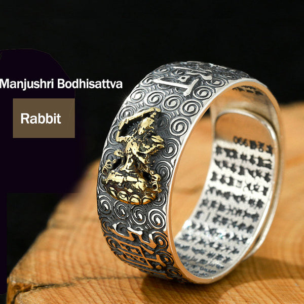 Natal Buddha Ring - Manjushri Bodhisattva ring on wood for Rabbit zodiac, Wise