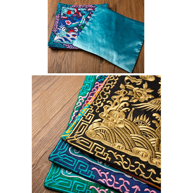 Phoenix Dragon Kirin Embroidery Tea Cup Mat - Front embroidery and velvet backing shown, Reversible Craft