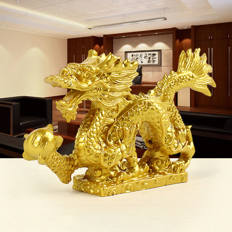 Golden Dragon Statue - home office dark wood cabinetry, feng shui decor, powerful