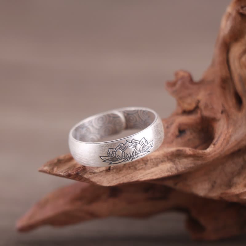 Sterling Silver Lotus Ring - engraved lotus band on natural driftwood, oxidized silver